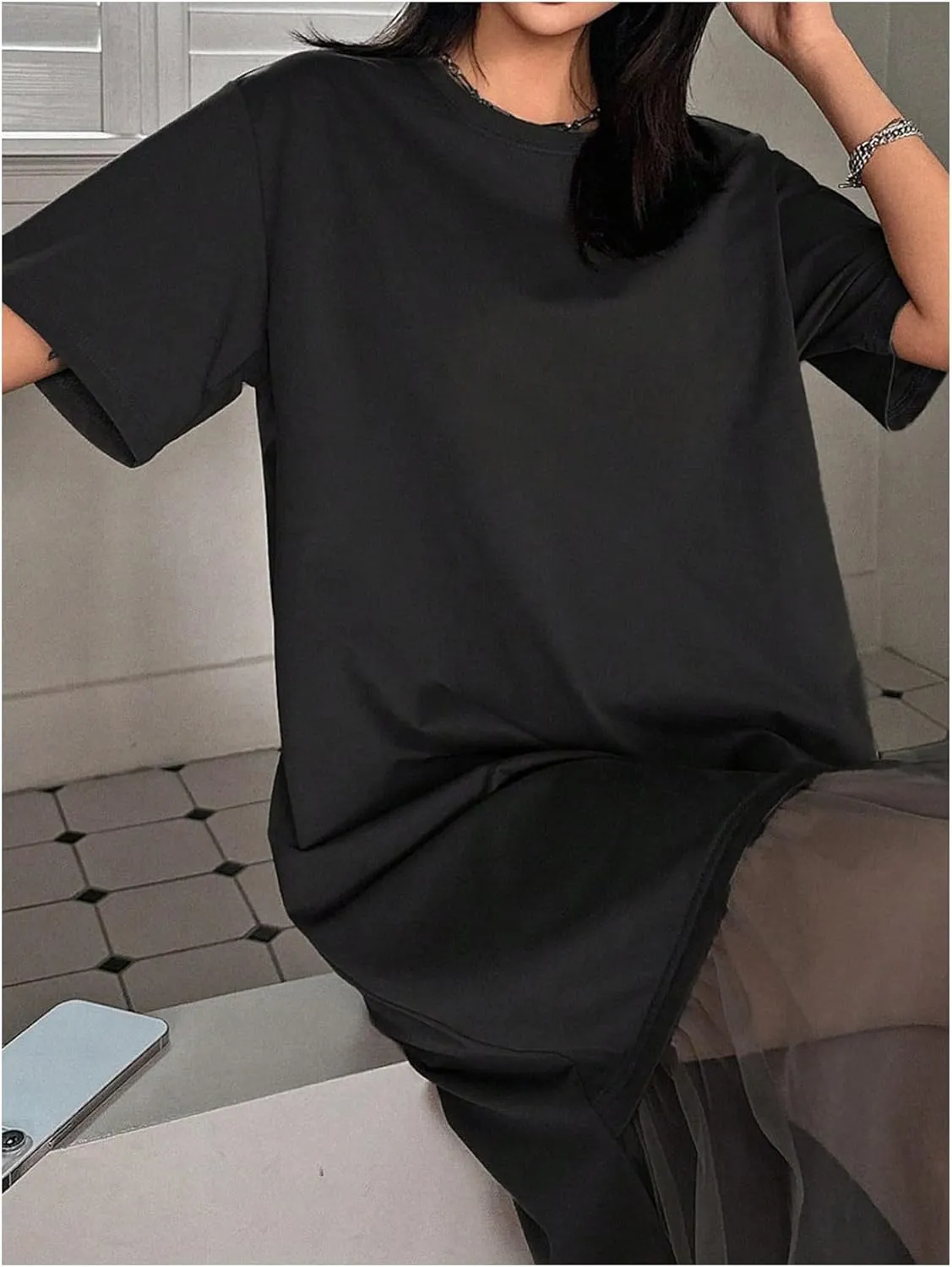 SHENHE Women's Short Sleeve Crewneck Oversized Tshirt Dress Mesh Ruffle Hem Long Dress