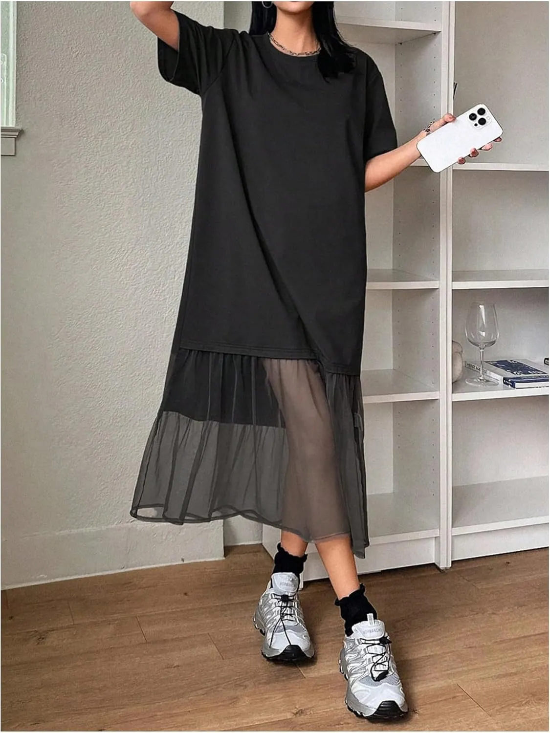 SHENHE Women's Short Sleeve Crewneck Oversized Tshirt Dress Mesh Ruffle Hem Long Dress