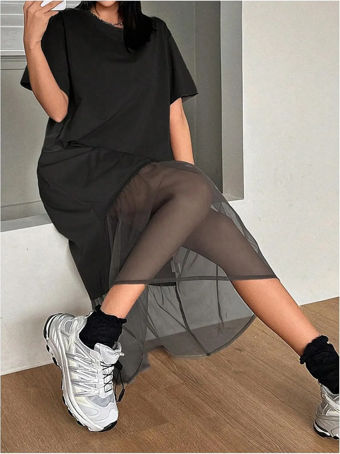 SHENHE Women's Short Sleeve Crewneck Oversized Tshirt Dress Mesh Ruffle Hem Long Dress