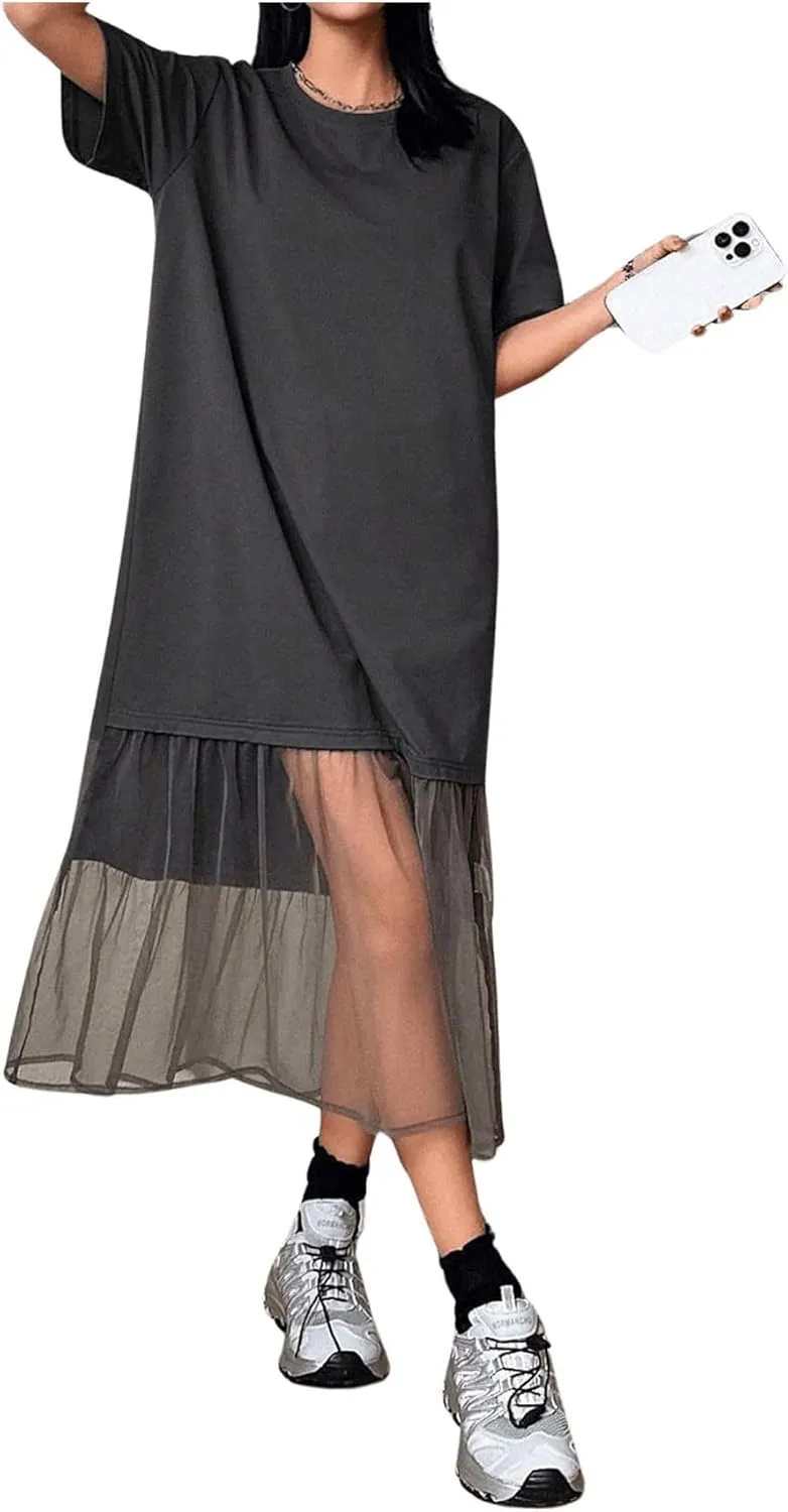 SHENHE Women's Short Sleeve Crewneck Oversized Tshirt Dress Mesh Ruffle Hem Long Dress