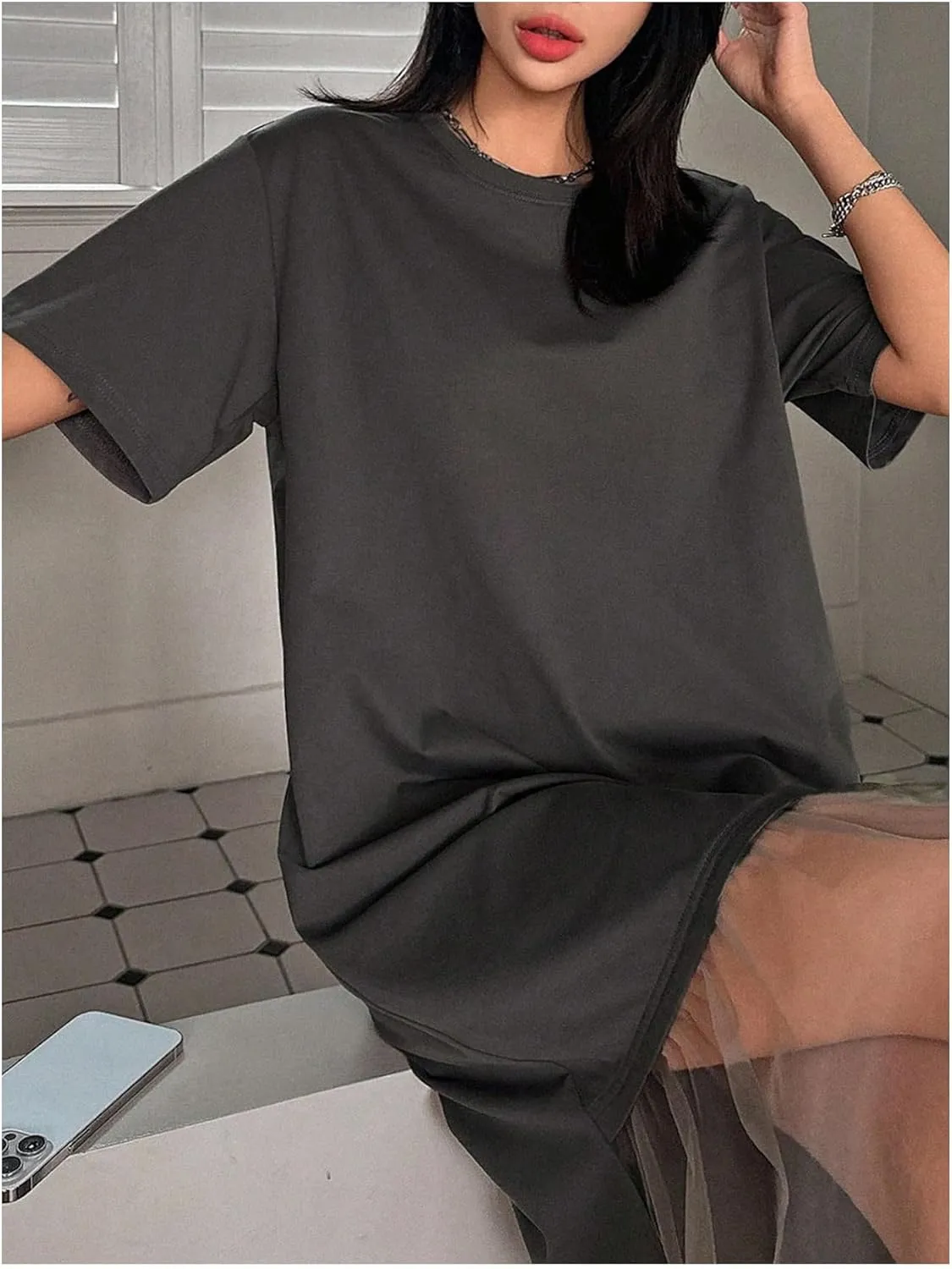 SHENHE Women's Short Sleeve Crewneck Oversized Tshirt Dress Mesh Ruffle Hem Long Dress