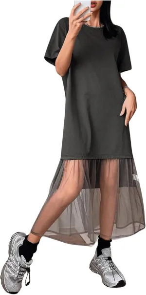 SHENHE Women's Short Sleeve Crewneck Oversized Tshirt Dress Mesh Ruffle Hem Long Dress