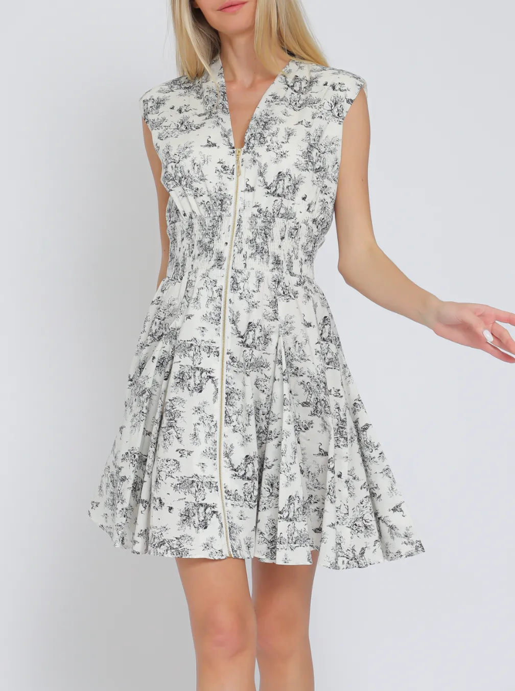 Shoulder Pad Zipper Front Elastic Waisted Mini Dress