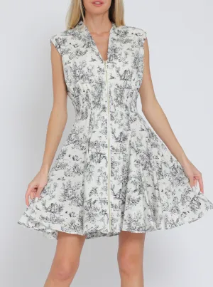 Shoulder Pad Zipper Front Elastic Waisted Mini Dress