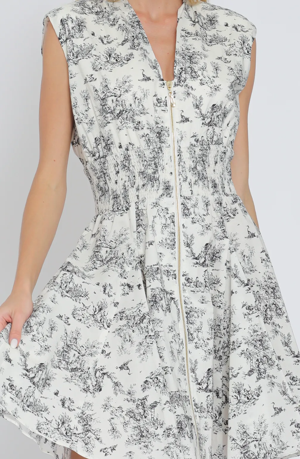 Shoulder Pad Zipper Front Elastic Waisted Mini Dress