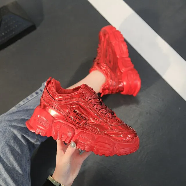 Spring Women Platform Chunky Sneakers Silver Leather Designers Lace Up Casual Old Dad Shoes Fashion Woman Comfortable Trainers