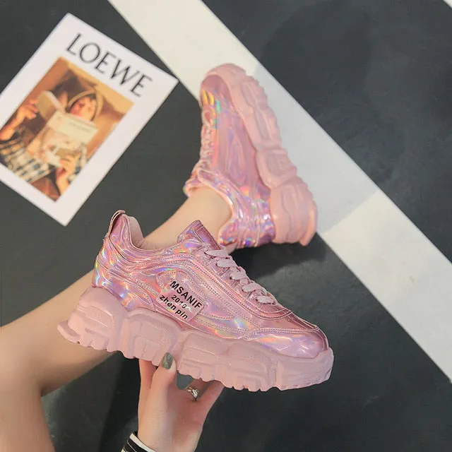 Spring Women Platform Chunky Sneakers Silver Leather Designers Lace Up Casual Old Dad Shoes Fashion Woman Comfortable Trainers