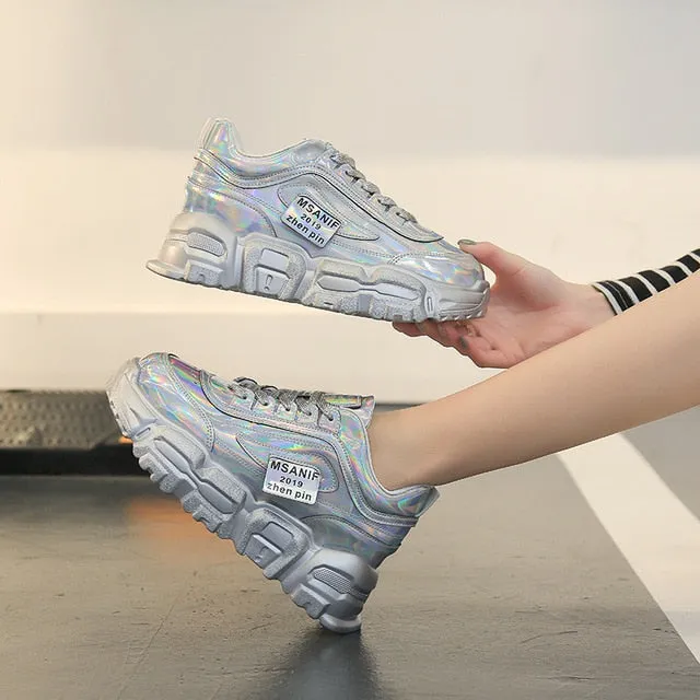 Spring Women Platform Chunky Sneakers Silver Leather Designers Lace Up Casual Old Dad Shoes Fashion Woman Comfortable Trainers