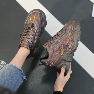 Spring Women Platform Chunky Sneakers Silver Leather Designers Lace Up Casual Old Dad Shoes Fashion Woman Comfortable Trainers