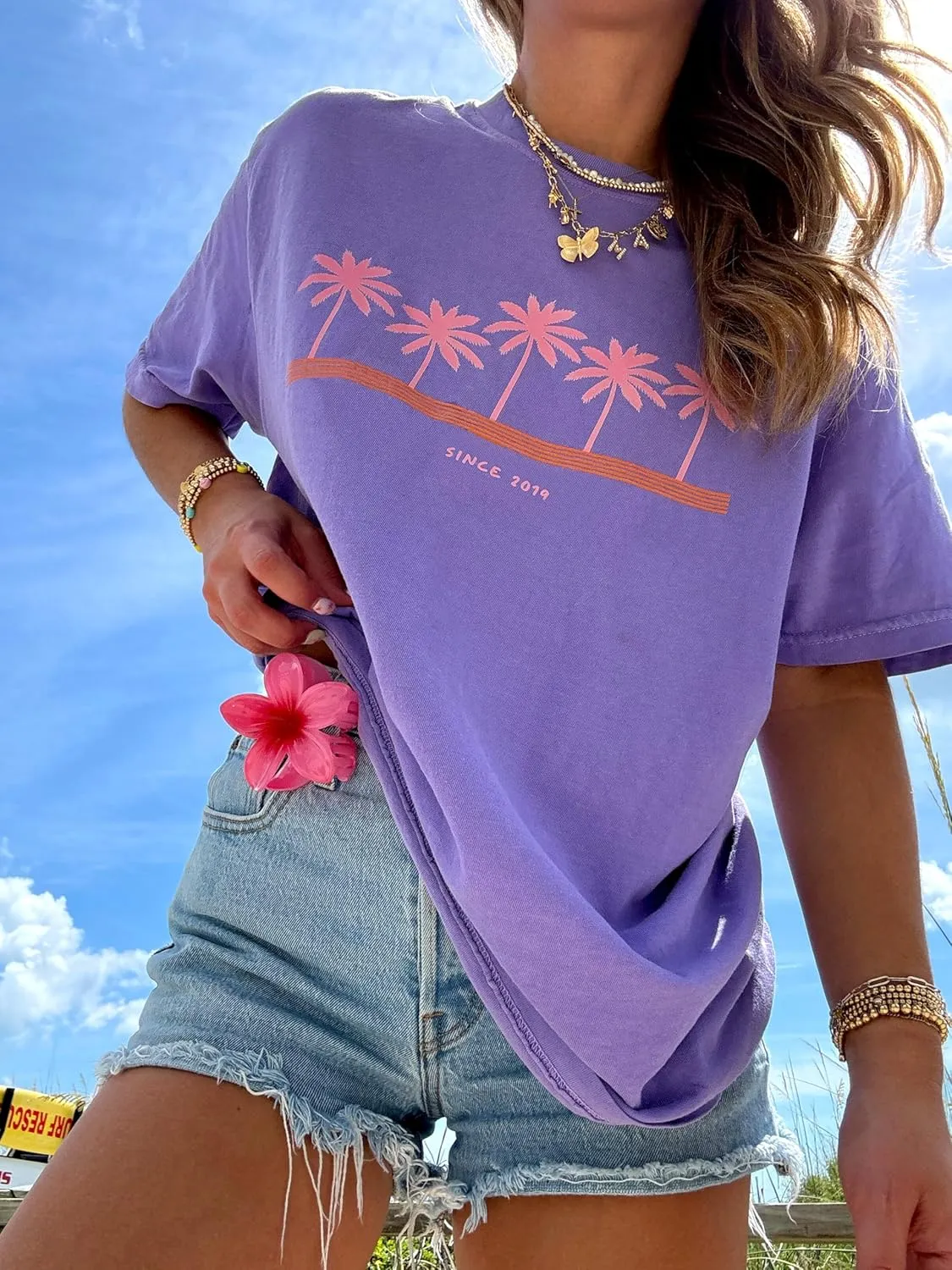 Summer Oversized Flower Graphic Tees Y2k Coastal Beach Palm Surfboard Tops Baggy T-Shirts Teen Girls Preppy Clothes