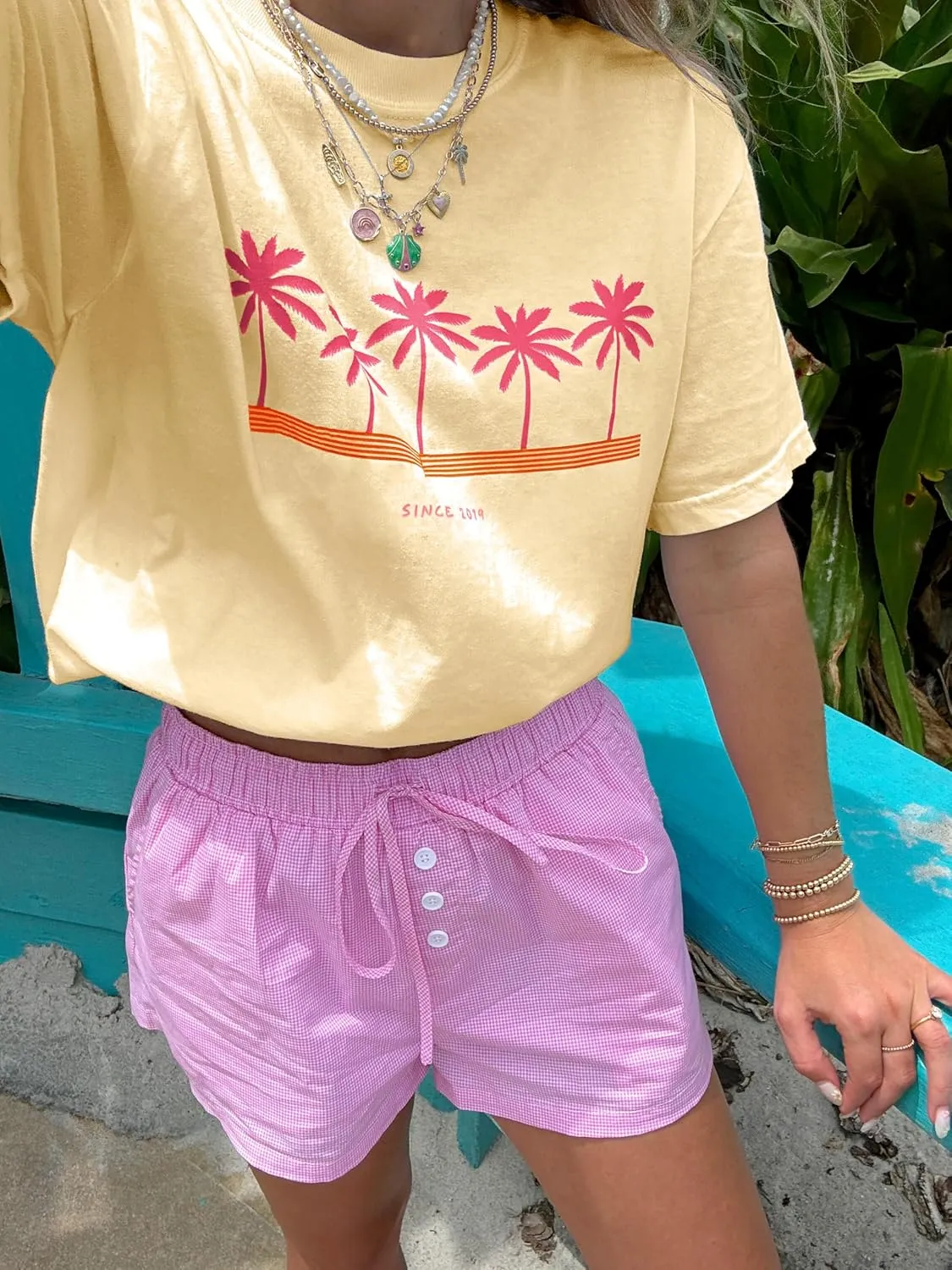 Summer Oversized Flower Graphic Tees Y2k Coastal Beach Palm Surfboard Tops Baggy T-Shirts Teen Girls Preppy Clothes