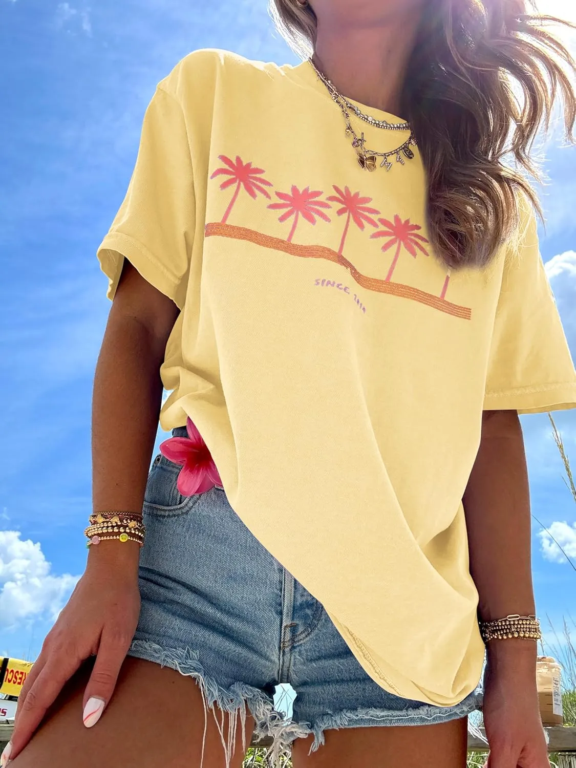 Summer Oversized Flower Graphic Tees Y2k Coastal Beach Palm Surfboard Tops Baggy T-Shirts Teen Girls Preppy Clothes