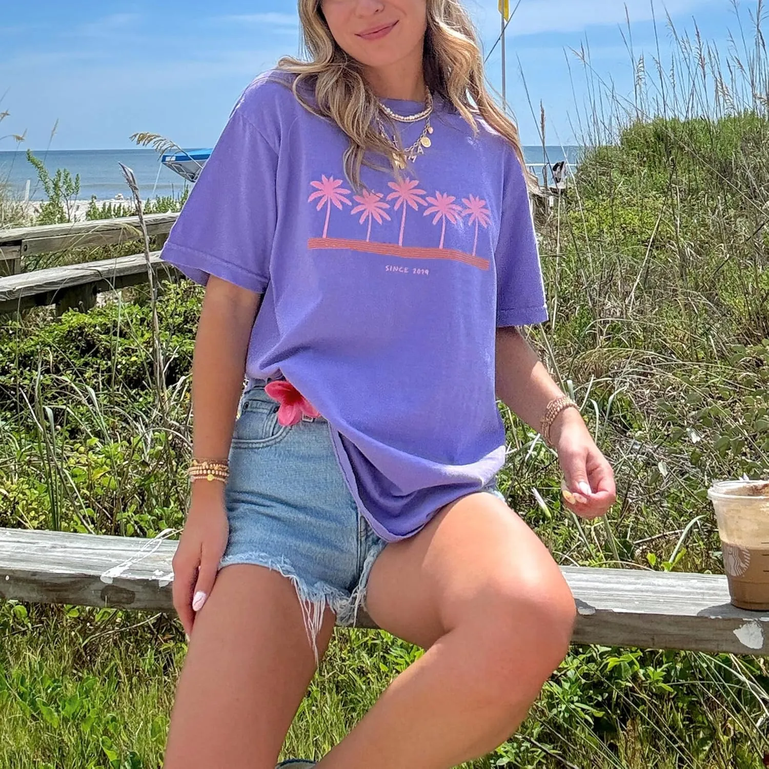 Summer Oversized Flower Graphic Tees Y2k Coastal Beach Palm Surfboard Tops Baggy T-Shirts Teen Girls Preppy Clothes