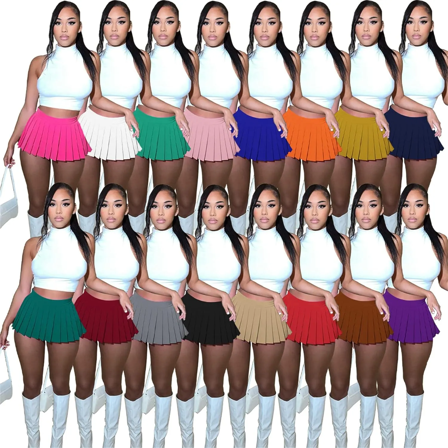 Two Piece Outfits for Women Sexy Sleeveless Tank Crop Tops Pleated A Line Mini Skirt Set Tennis Skorts Skirts Set