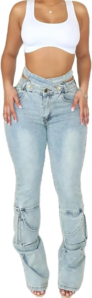 Vaceky High Waisted Cargo Jeans Women Cutout Criss Cross Waist Stretchy Denim Pants