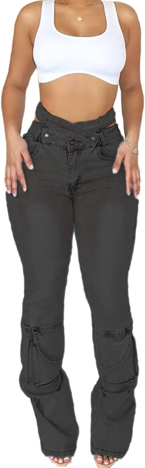 Vaceky High Waisted Cargo Jeans Women Cutout Criss Cross Waist Stretchy Denim Pants