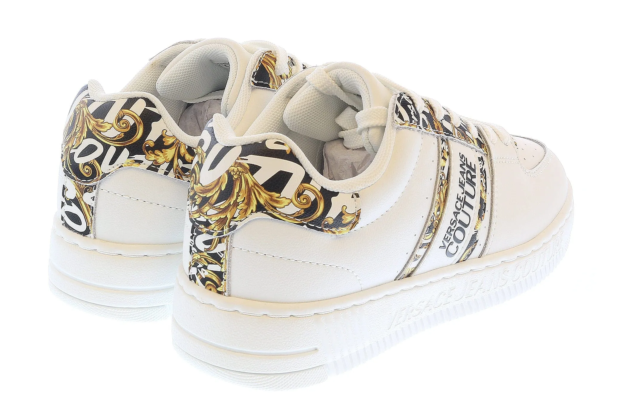 Versace Jeans Couture White Gold  Baroque Detail Lace Up Fashion Court Sneakers-
