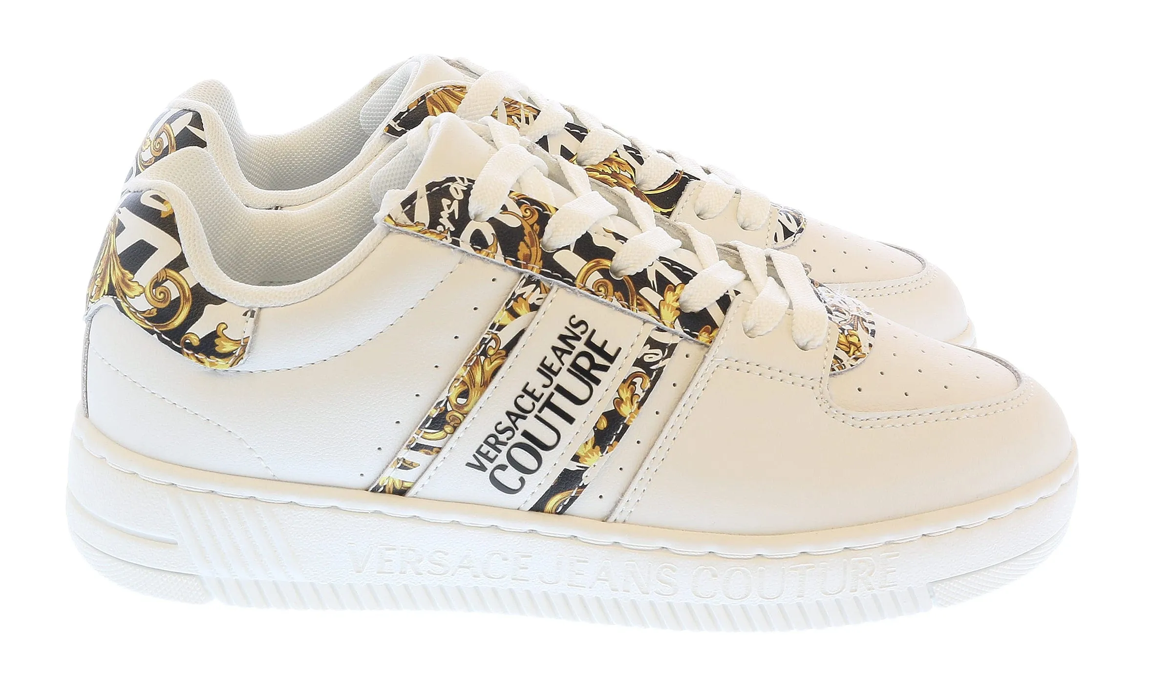Versace Jeans Couture White Gold  Baroque Detail Lace Up Fashion Court Sneakers-