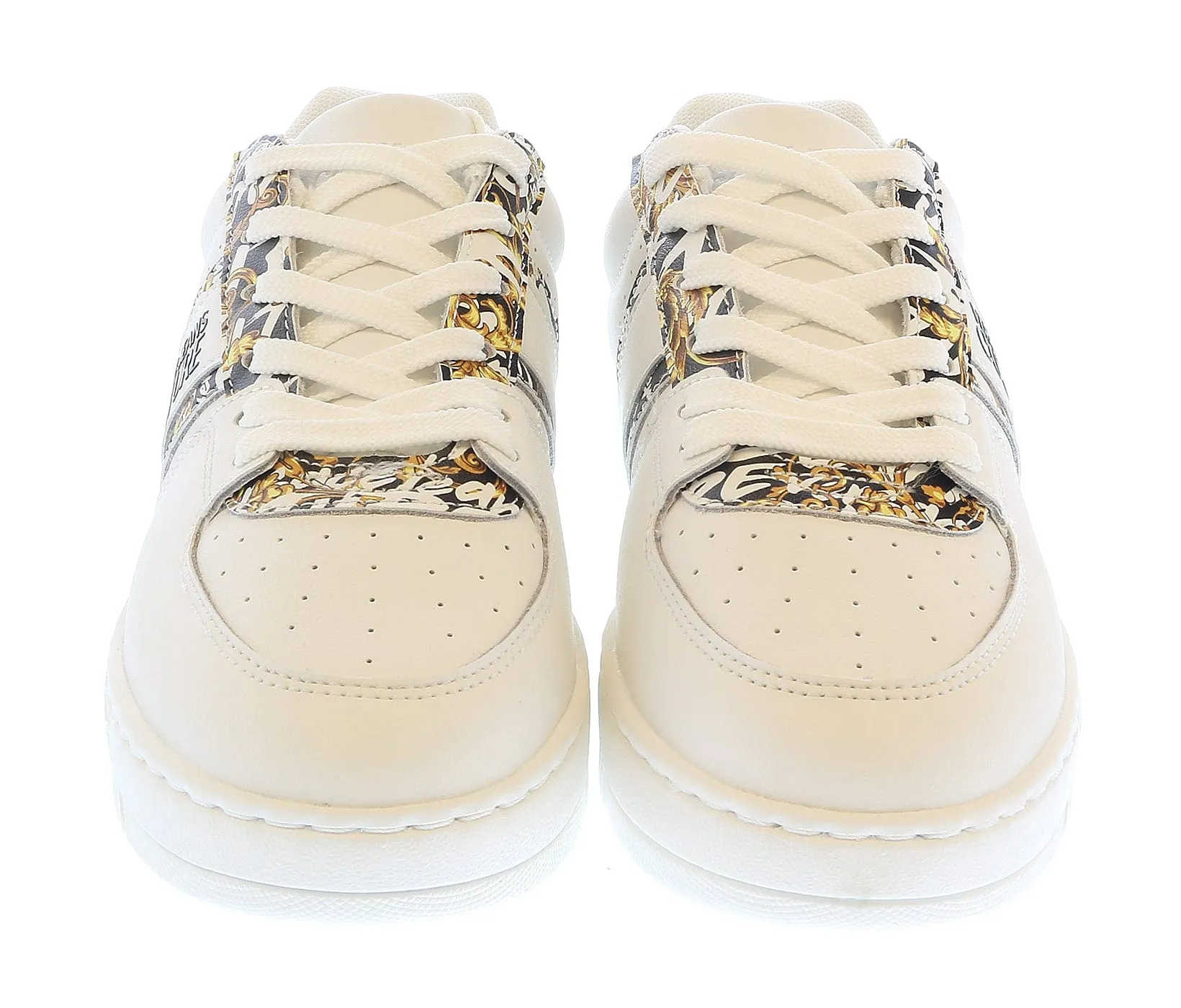 Versace Jeans Couture White Gold  Baroque Detail Lace Up Fashion Court Sneakers-