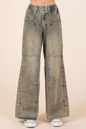 Vintage Washed Wide Leg Cargo Jeans – High Waist Relaxed Fit