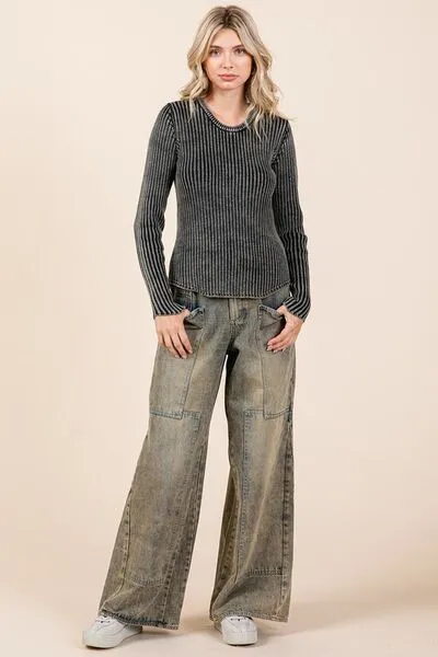 Vintage Washed Wide Leg Cargo Jeans – High Waist Relaxed Fit