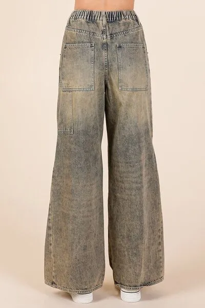 Vintage Washed Wide Leg Cargo Jeans – High Waist Relaxed Fit