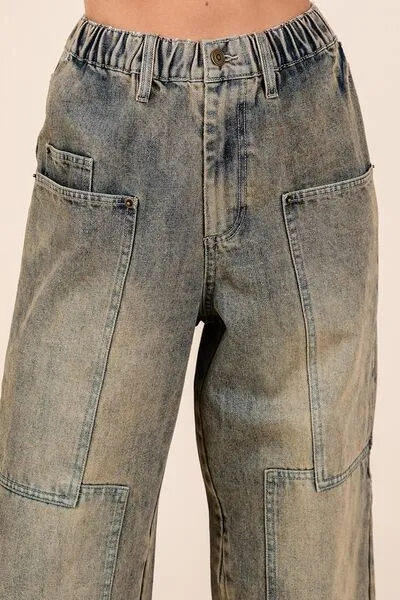 Vintage Washed Wide Leg Cargo Jeans – High Waist Relaxed Fit