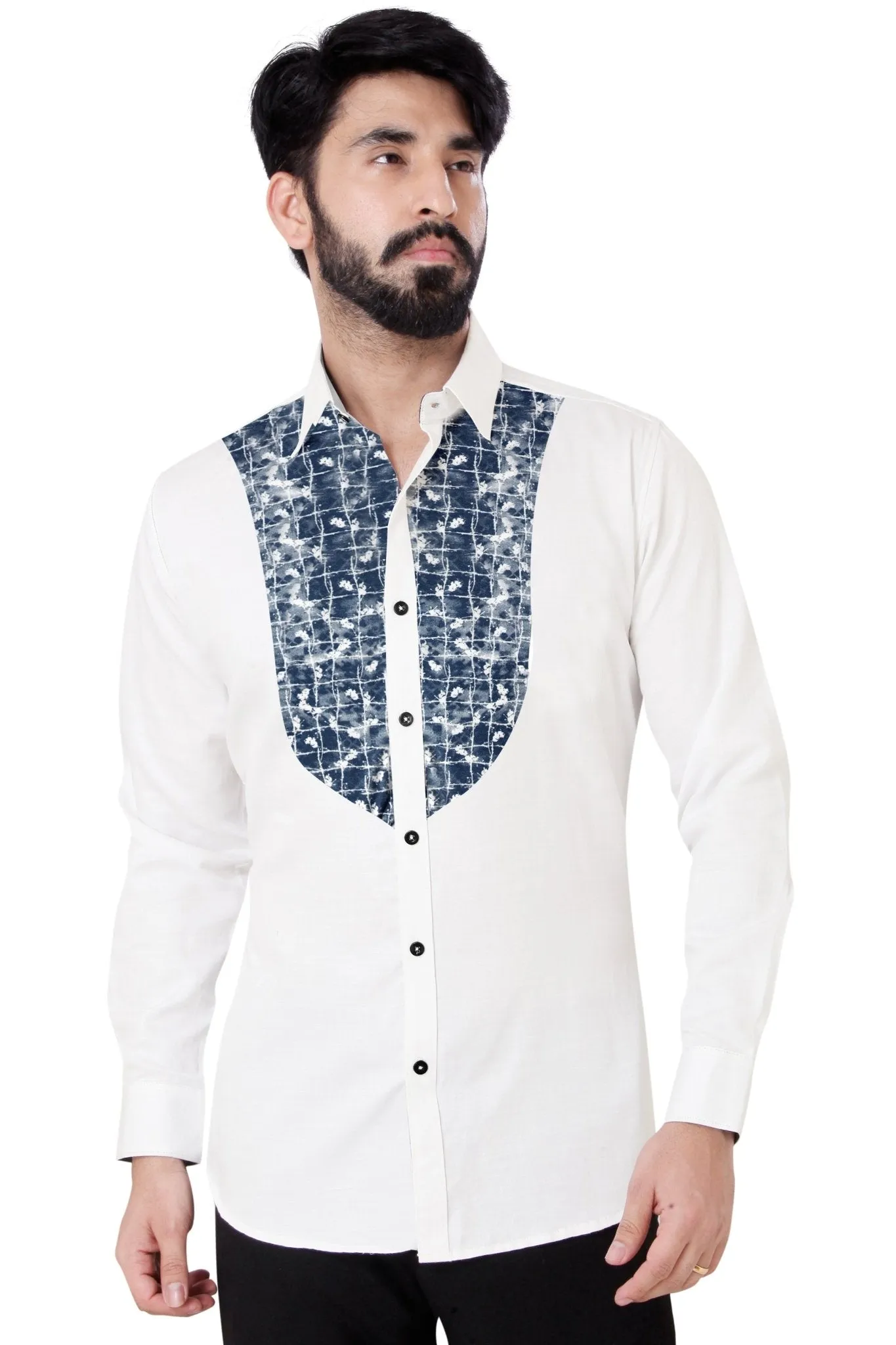 White Blue Patchwork Cotton Shirt