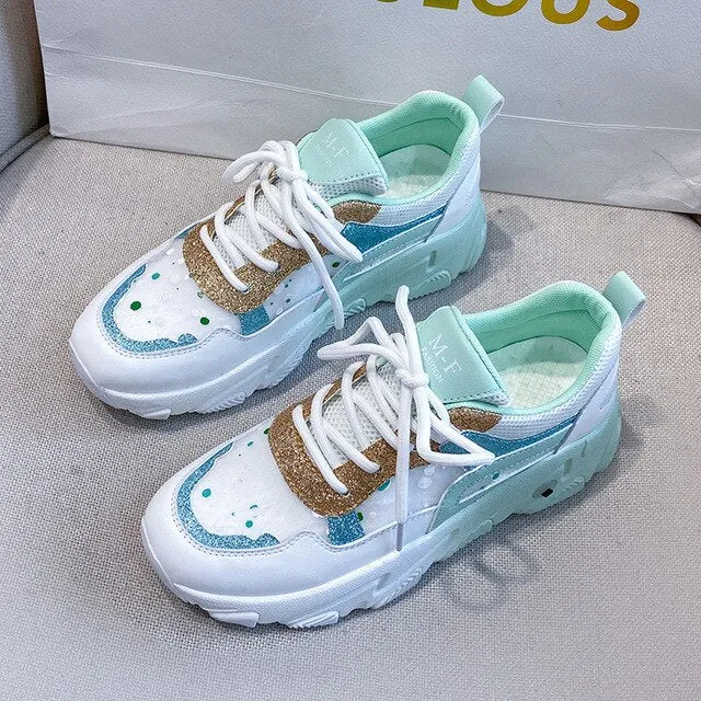 Women Fashion Sneakers Platform Lace Up Casual Shoes Woman Bling Designers Mesh Tennis Female Walking Trainers Chunky Sneaker
