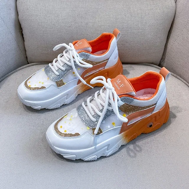 Women Fashion Sneakers Platform Lace Up Casual Shoes Woman Bling Designers Mesh Tennis Female Walking Trainers Chunky Sneaker