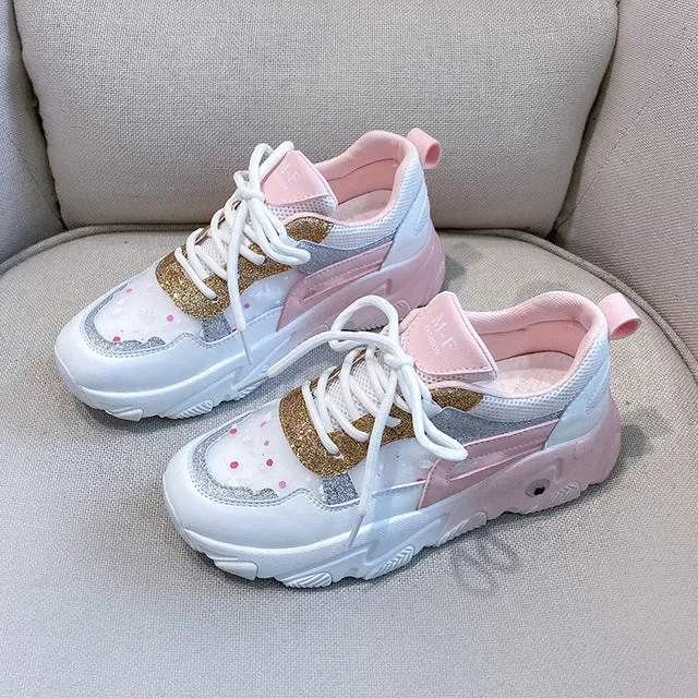 Women Fashion Sneakers Platform Lace Up Casual Shoes Woman Bling Designers Mesh Tennis Female Walking Trainers Chunky Sneaker