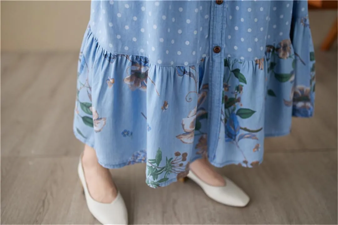 Women Floral A-Line Pleated Vintage Denim Skirts Button Front Casual Elastic Waist Midi Skirt