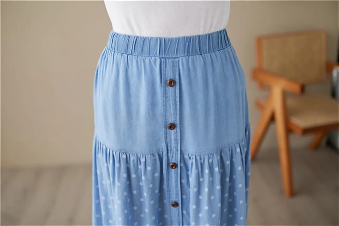 Women Floral A-Line Pleated Vintage Denim Skirts Button Front Casual Elastic Waist Midi Skirt