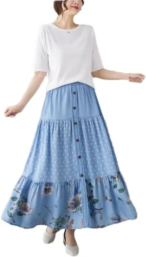 Women Floral A-Line Pleated Vintage Denim Skirts Button Front Casual Elastic Waist Midi Skirt