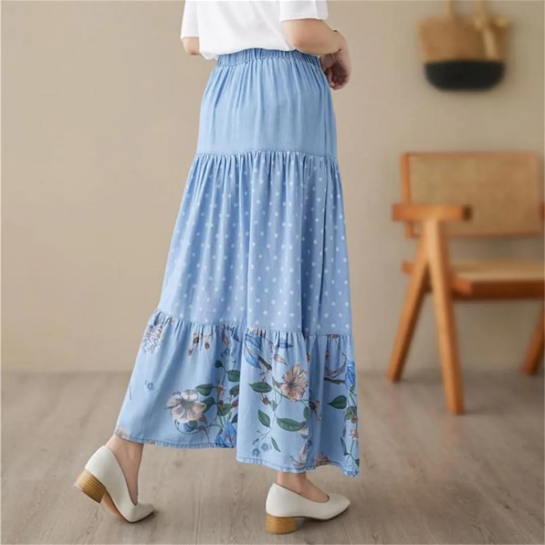 Women Floral A-Line Pleated Vintage Denim Skirts Button Front Casual Elastic Waist Midi Skirt