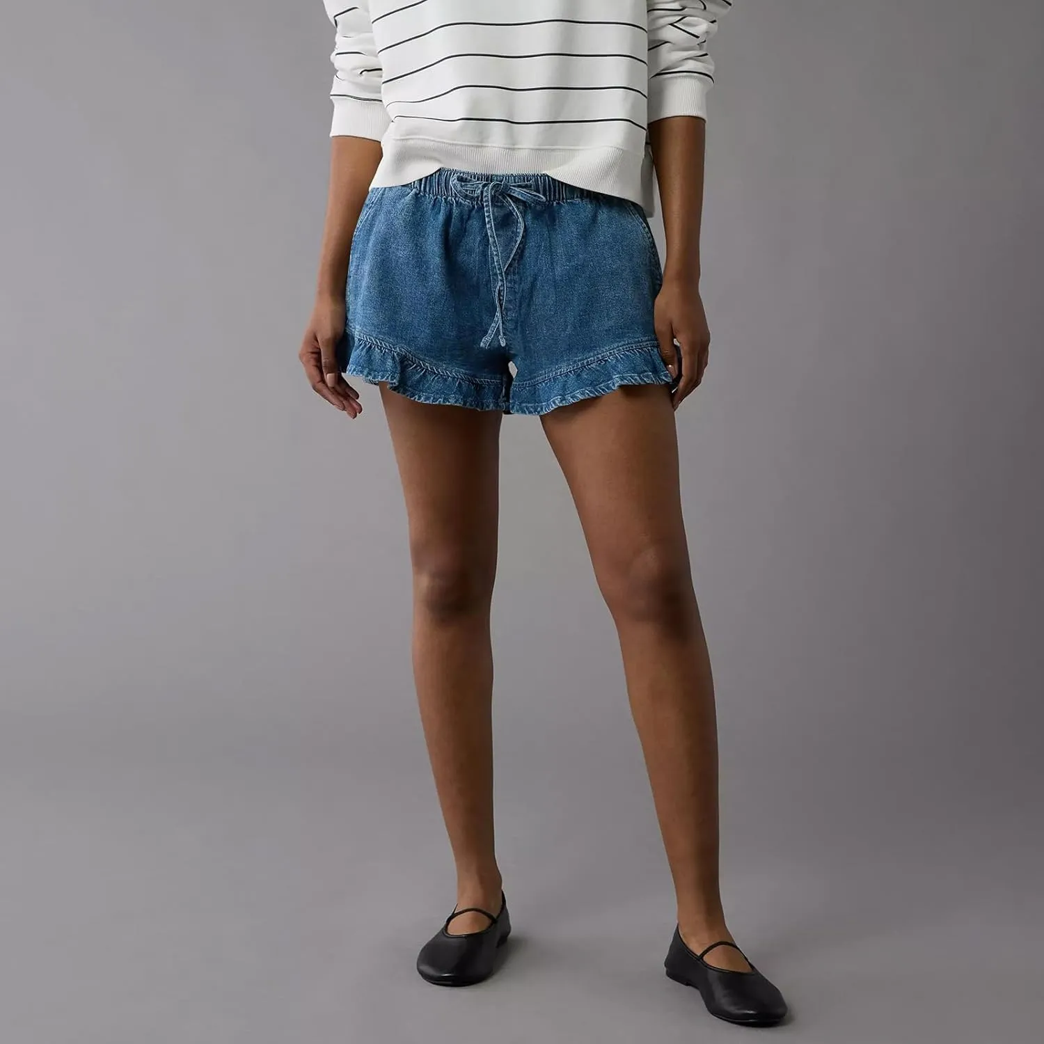 Women Jean Shorts Elastic Waist Drawstring Denim Shorts Summer Casual Stretch Ruffle Short Flowy Pleated Short
