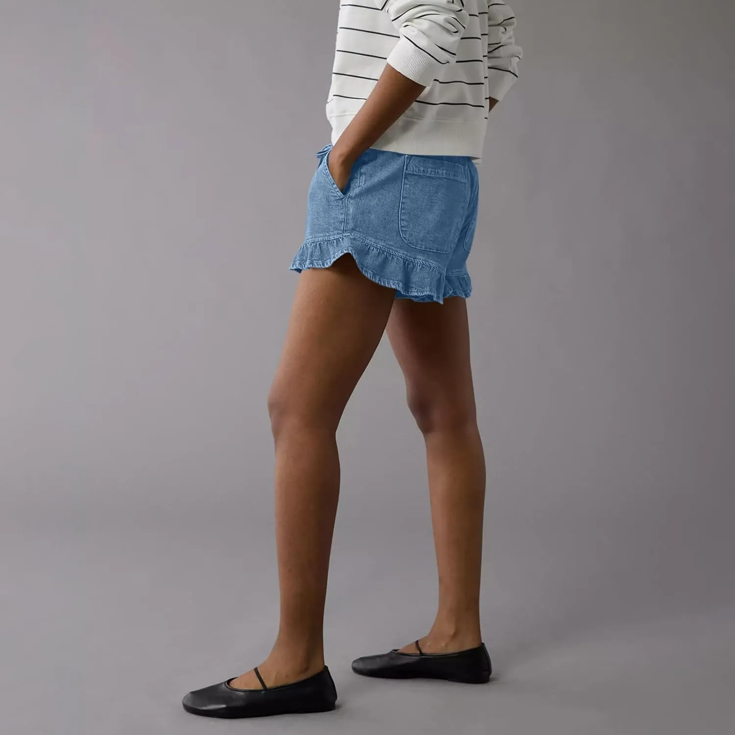 Women Jean Shorts Elastic Waist Drawstring Denim Shorts Summer Casual Stretch Ruffle Short Flowy Pleated Short