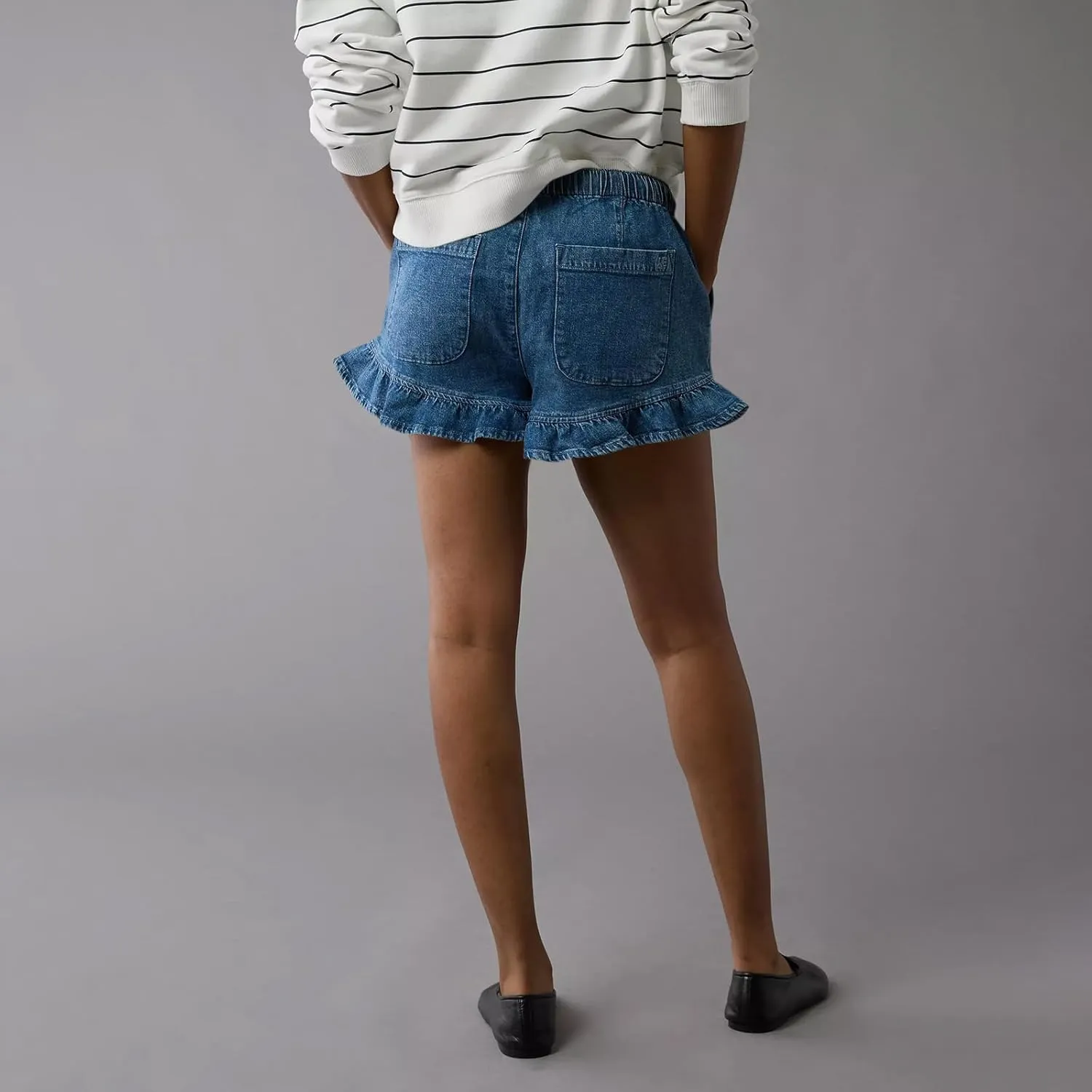 Women Jean Shorts Elastic Waist Drawstring Denim Shorts Summer Casual Stretch Ruffle Short Flowy Pleated Short