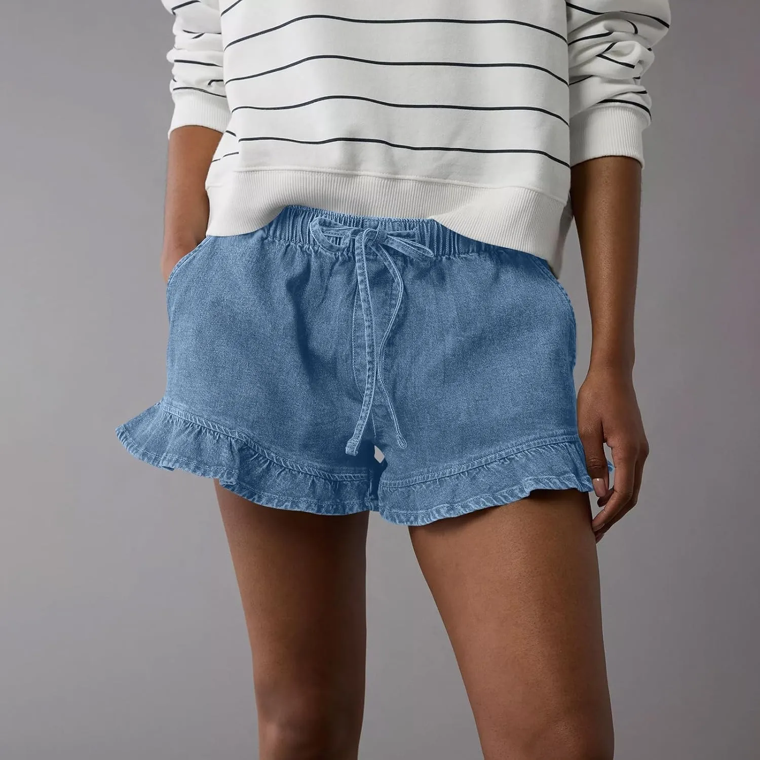 Women Jean Shorts Elastic Waist Drawstring Denim Shorts Summer Casual Stretch Ruffle Short Flowy Pleated Short