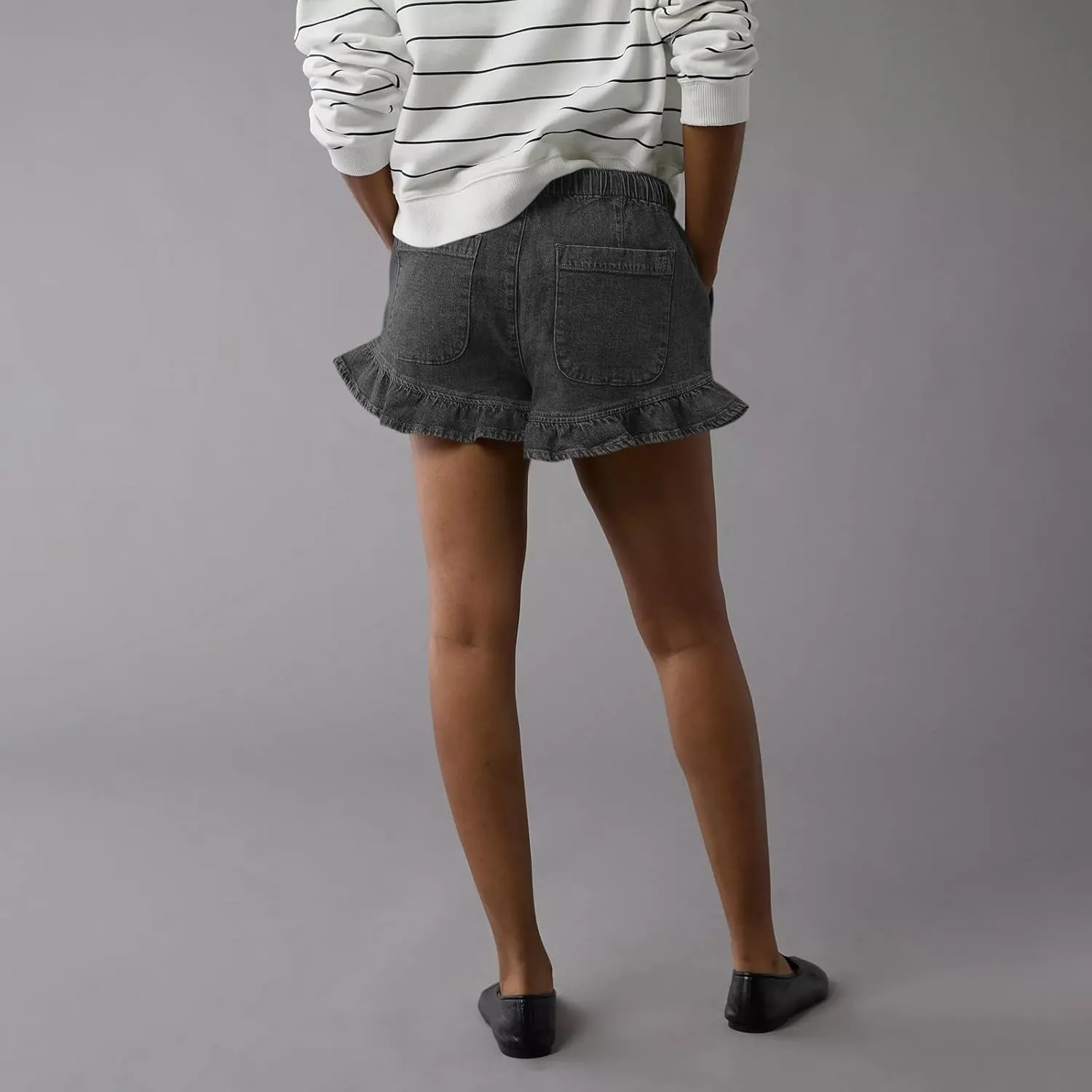 Women Jean Shorts Elastic Waist Drawstring Denim Shorts Summer Casual Stretch Ruffle Short Flowy Pleated Short