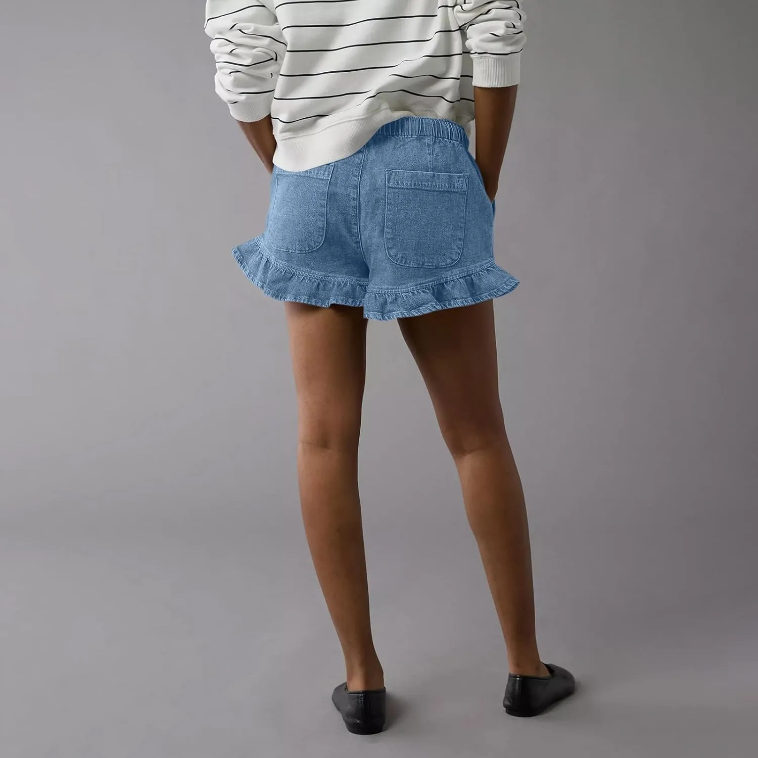 Women Jean Shorts Elastic Waist Drawstring Denim Shorts Summer Casual Stretch Ruffle Short Flowy Pleated Short