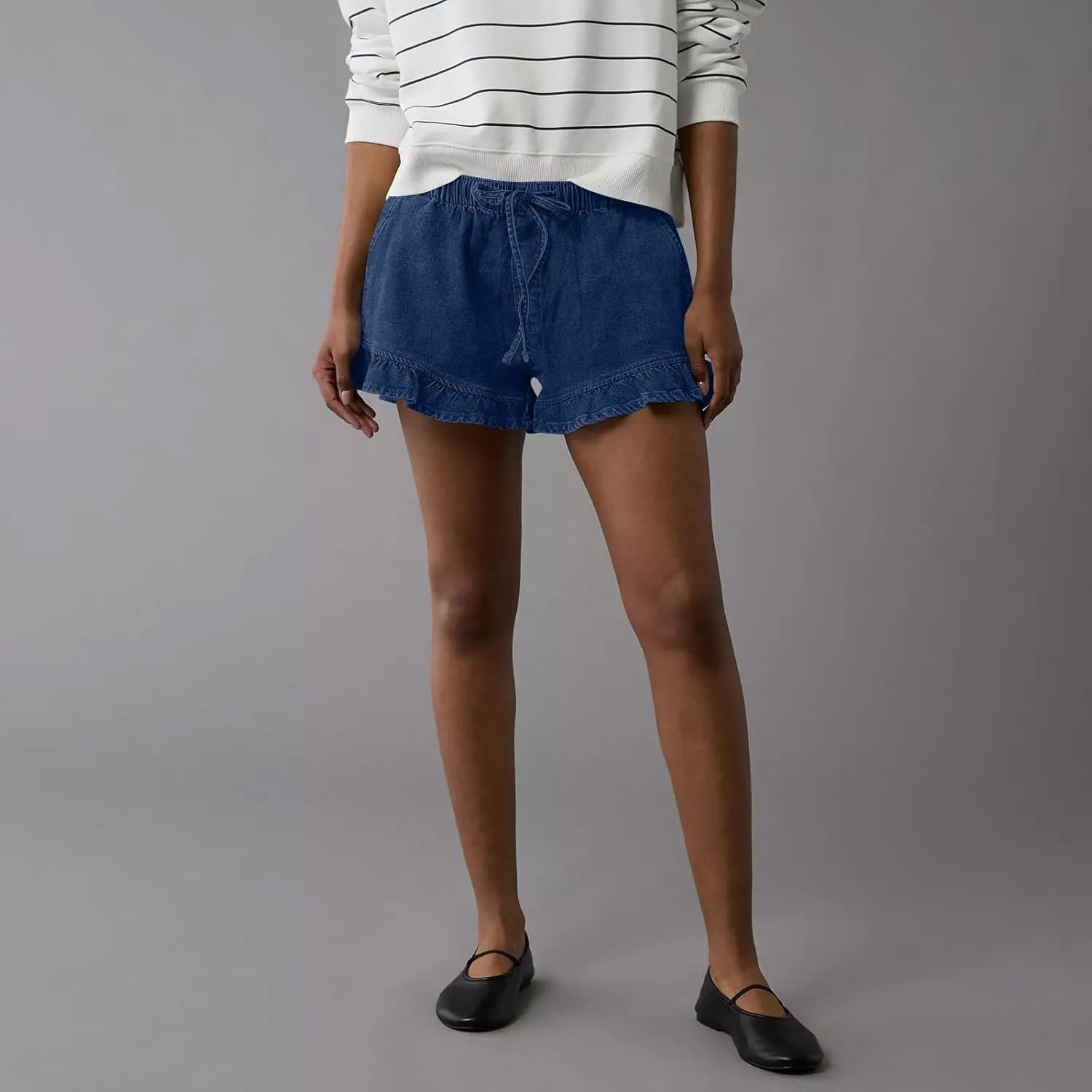 Women Jean Shorts Elastic Waist Drawstring Denim Shorts Summer Casual Stretch Ruffle Short Flowy Pleated Short
