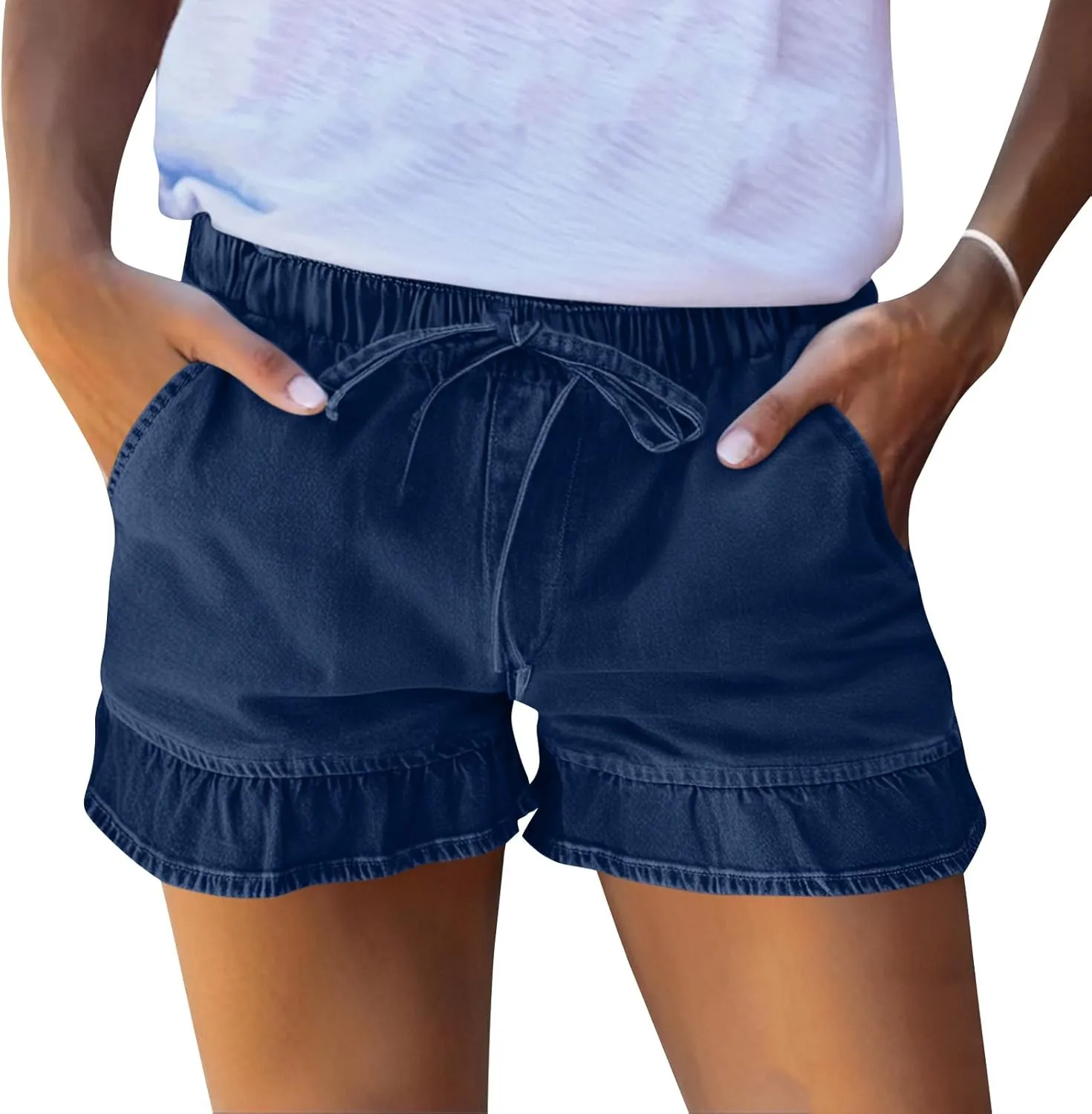 Women Jean Shorts Elastic Waist Drawstring Denim Shorts Summer Casual Stretch Ruffle Short Flowy Pleated Short