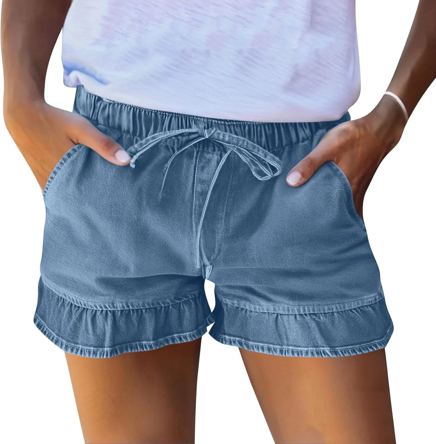 Women Jean Shorts Elastic Waist Drawstring Denim Shorts Summer Casual Stretch Ruffle Short Flowy Pleated Short