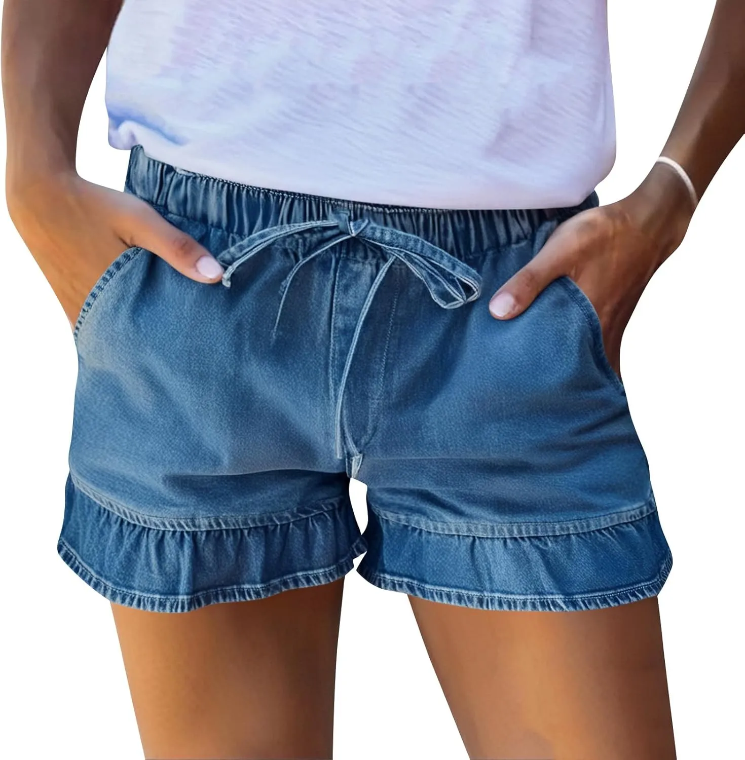 Women Jean Shorts Elastic Waist Drawstring Denim Shorts Summer Casual Stretch Ruffle Short Flowy Pleated Short