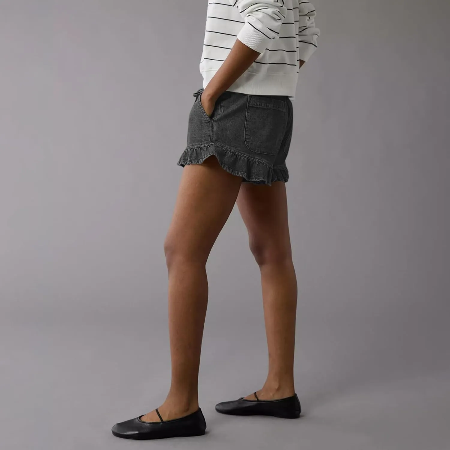 Women Jean Shorts Elastic Waist Drawstring Denim Shorts Summer Casual Stretch Ruffle Short Flowy Pleated Short