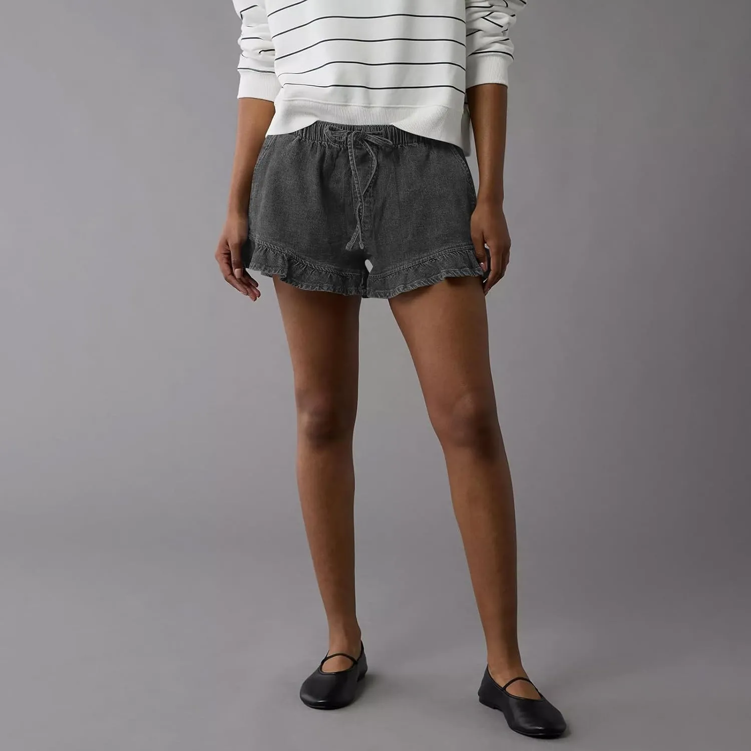 Women Jean Shorts Elastic Waist Drawstring Denim Shorts Summer Casual Stretch Ruffle Short Flowy Pleated Short