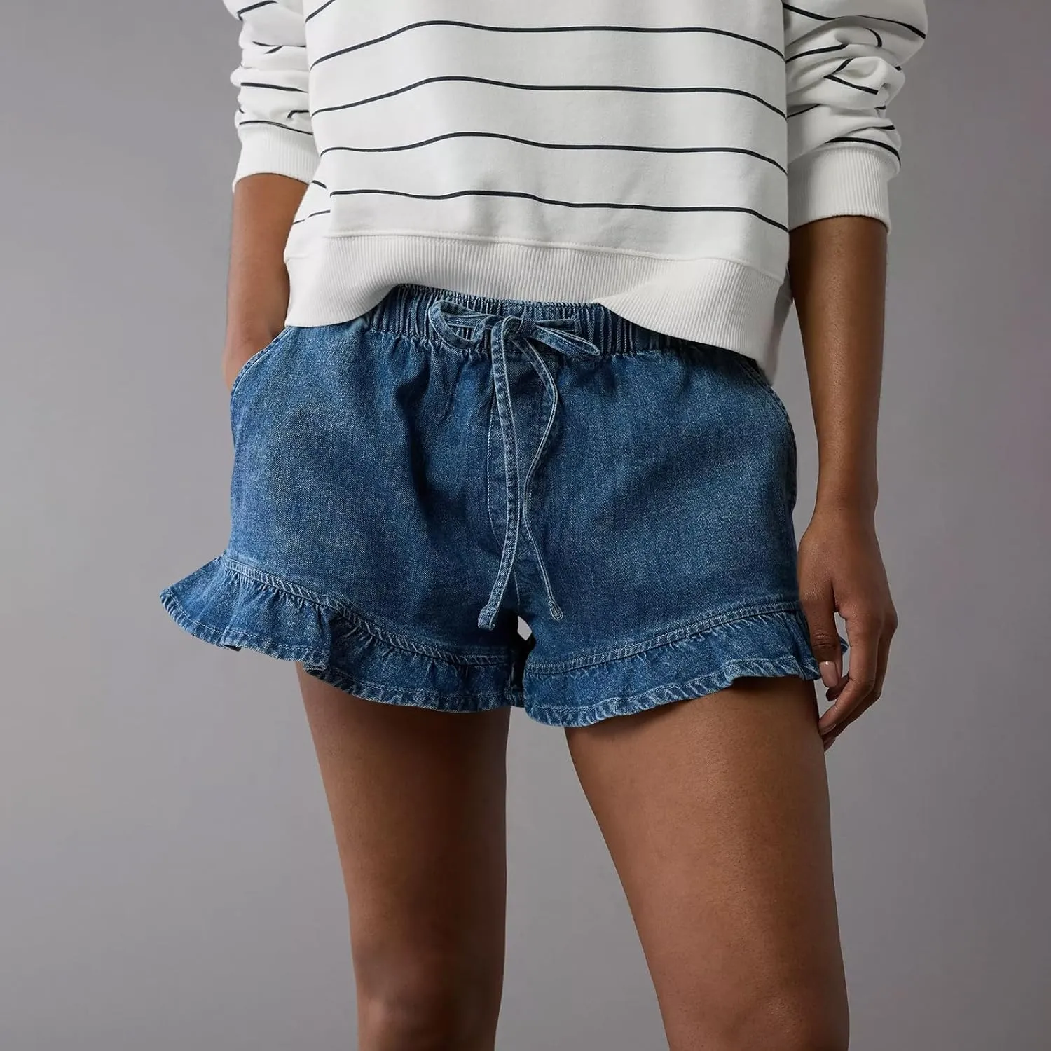 Women Jean Shorts Elastic Waist Drawstring Denim Shorts Summer Casual Stretch Ruffle Short Flowy Pleated Short