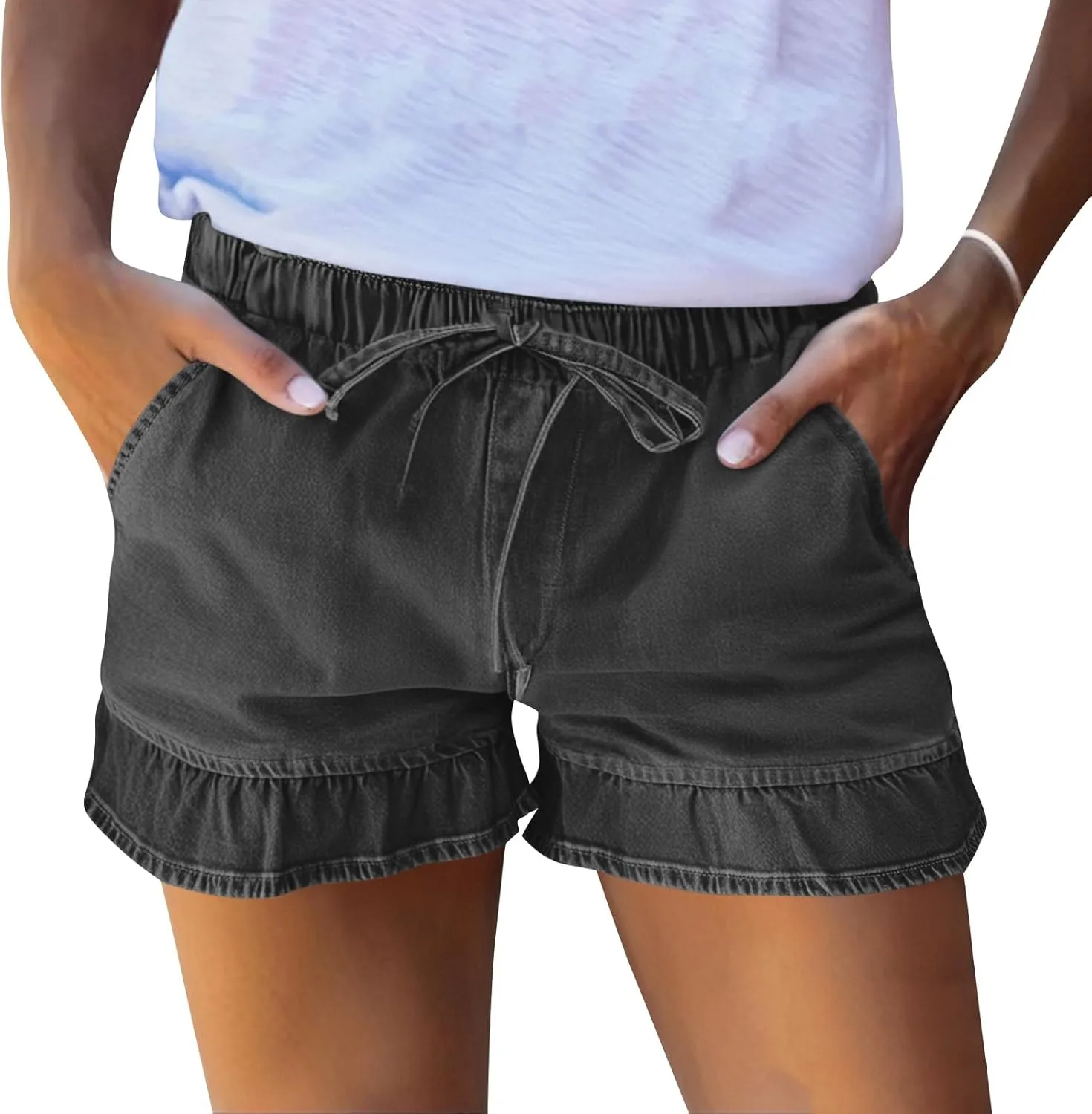 Women Jean Shorts Elastic Waist Drawstring Denim Shorts Summer Casual Stretch Ruffle Short Flowy Pleated Short