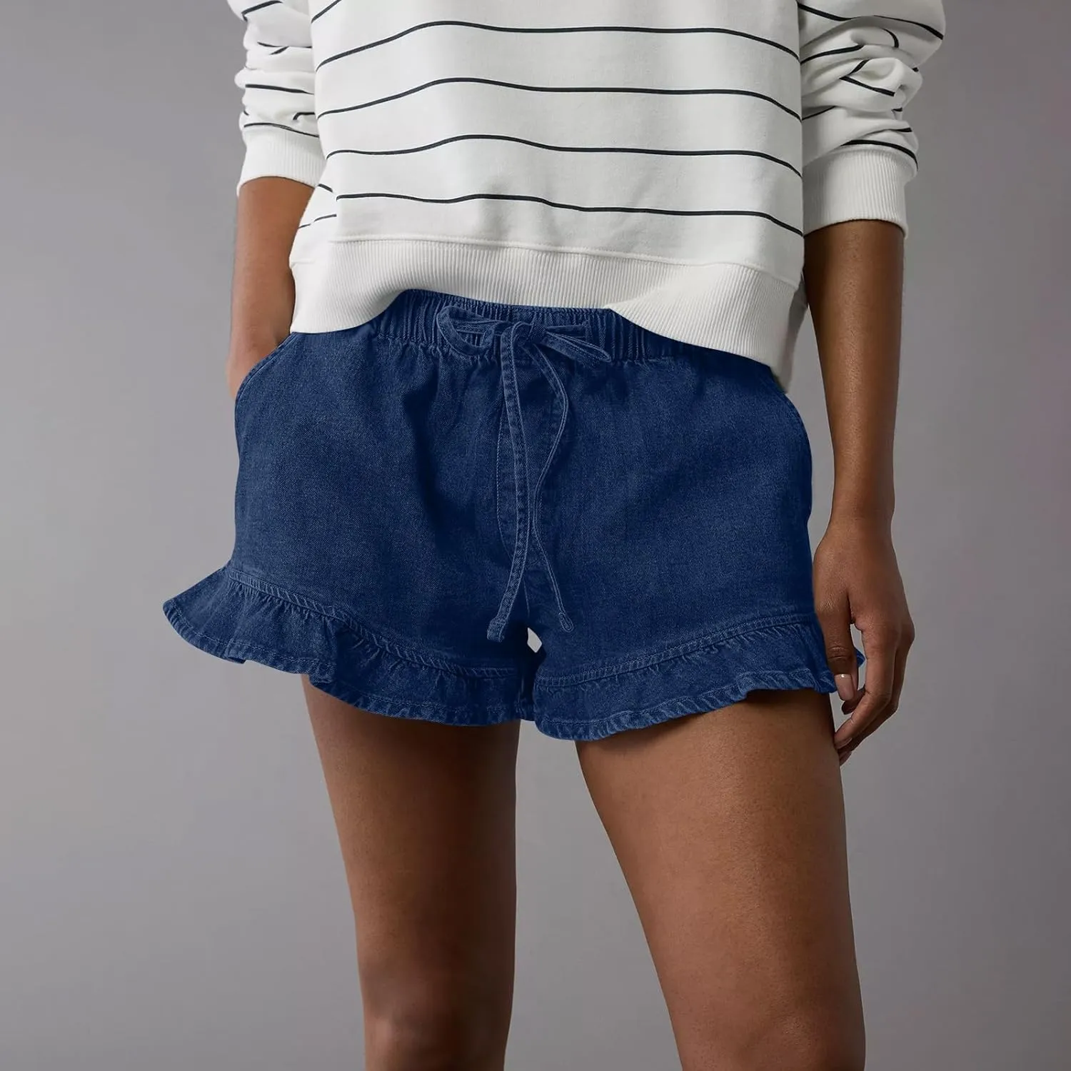 Women Jean Shorts Elastic Waist Drawstring Denim Shorts Summer Casual Stretch Ruffle Short Flowy Pleated Short